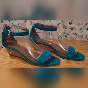 EUC Tory Burch Savannah Aqua Suede Business Casual Comfy Wedge Sandal SZ 7.5
